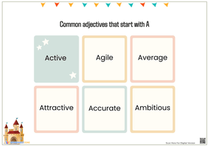 Common Adjectives That Start With A - Vocabulary Cards