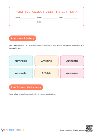 Grade 3 Positive Adjectives Worksheet | Essential A-Words