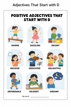 Printable Positive Adjectives Starting with D | Grade 3-4