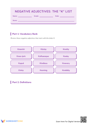 Negative Adjectives That Start with K | Grade 4 Printable