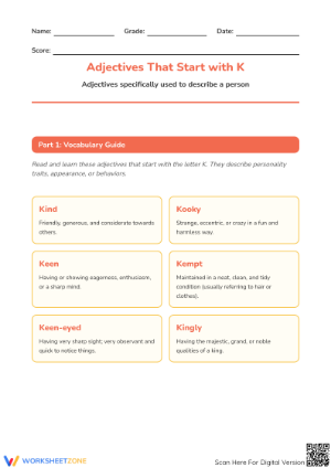 Adjectives Starting with K | Grade 3-4 Essential Practice