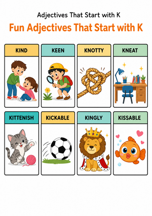 Printable Adjectives That Start with K | Grade 3 ELA