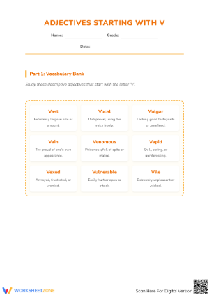 Printable V Adjectives Worksheet | Grade 4 ELA