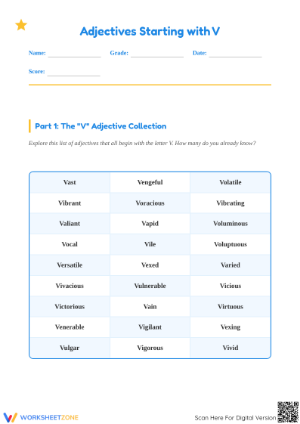 Printable V Adjectives Worksheet | Grade 3-4 ELA