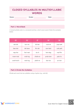 Closed Syllables Worksheet | Grade 3 Printable ELA