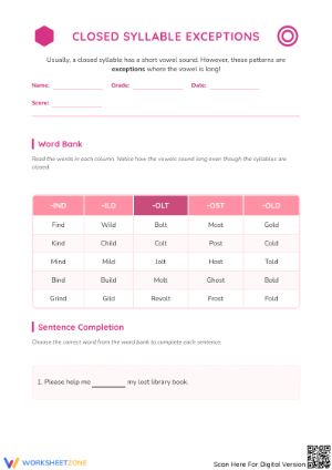 Essential Closed Syllable Exceptions Worksheet | Grade 2-3