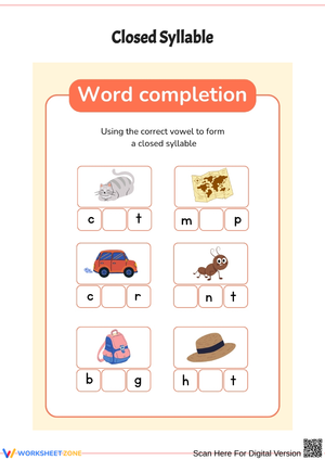 Word Completion Worksheet – Closed Syllables