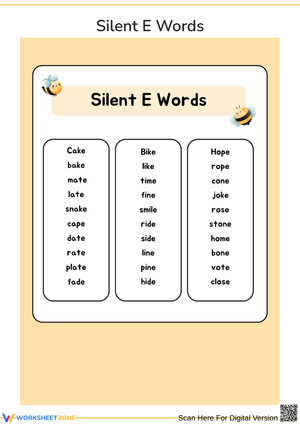 Silent E Words Worksheet