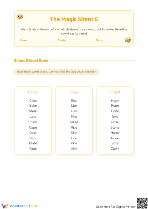 Silent E Words Printable Worksheet | Grade 1 ELA