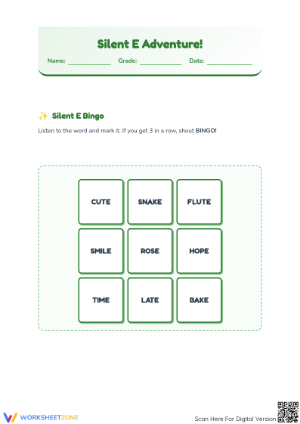 Silent E Worksheet | Grade 1 ELA Printable