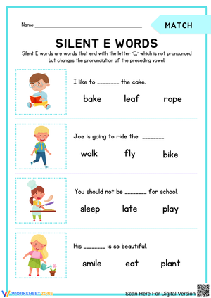 Silent E Words Matching Worksheet