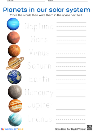 Trace and Write Planet Names Worksheet