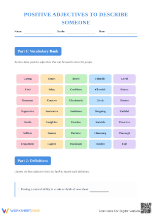Positive Adjectives Worksheet | Grade 4-5 Essential