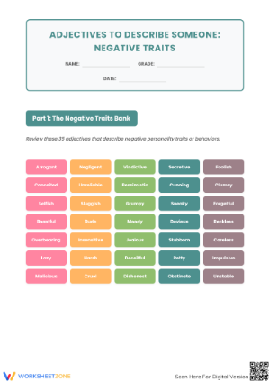 Negative Adjectives Worksheet | Grade 6 Printable
