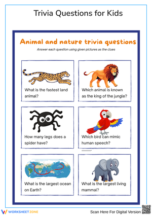 Animal and Nature Trivia Questions for Kids Worksheet