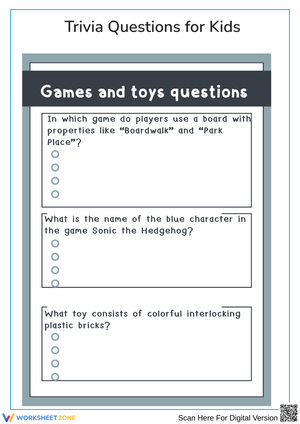 Games and Toys Trivia Questions Worksheet
