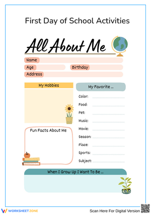 "All About Me" Printable Worksheet | Grade 1 & Kindergarten