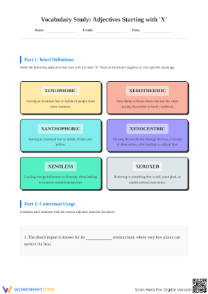 Printable Adjectives Starting with X Worksheet | Grade 6-7