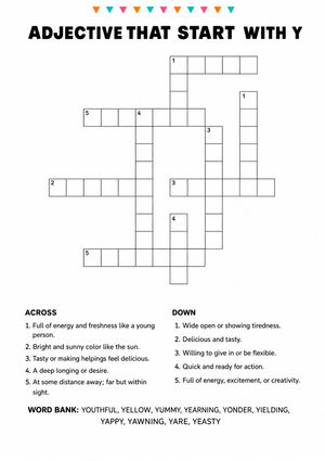 Essential Adjectives Starting with Y Crossword | Grade 4