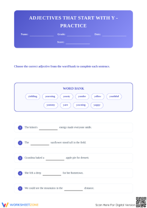 Adjectives That Start With Y | Essential Grade 4 Worksheet