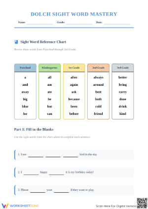 Dolch Sight Word Mastery Worksheet | Grade 3 Essential