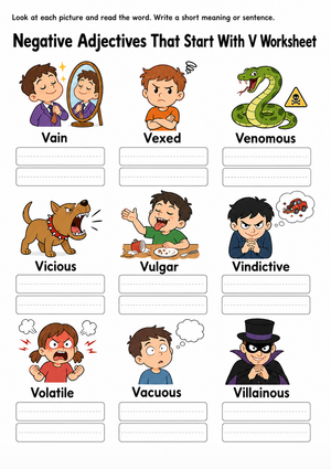 Printable V Adjectives Worksheet | Grade 4 Vocabulary