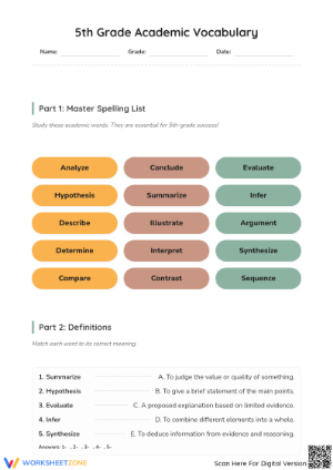 Essential 5th Grade Academic Vocabulary Spelling Worksheet