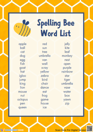 Printable Spelling Bee Word List for Grade 1