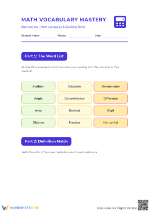 Math Vocabulary Spelling Words for Elementary Students