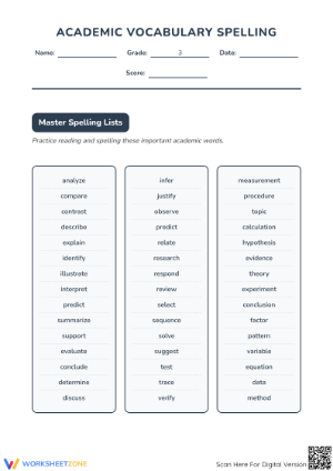 3rd Grade Academic Vocabulary Spelling Lists