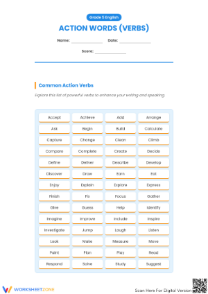 Essential Grade 5 Action Verbs Vocabulary Worksheet