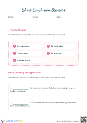 Conclusion Starters Worksheet | Essential Grade 5-6 Writing