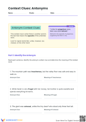 Antonym Context Clues Worksheet | Grade 4 Essential