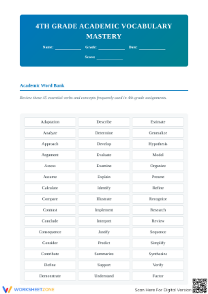 Printable Academic Vocabulary Worksheet | Grade 4 ELA