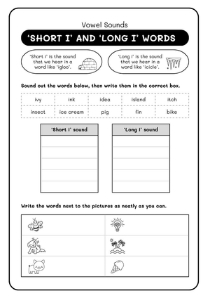Short and Long "I" Word Sort Activity