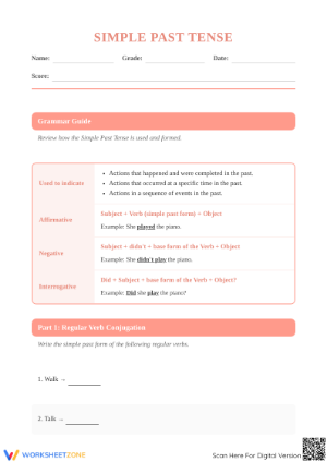 Simple Past Tense Chart with Sentence Structures