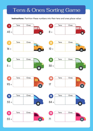Tens & Ones Sorting Game Worksheet