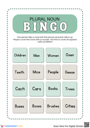 Plural Noun Bingo Game