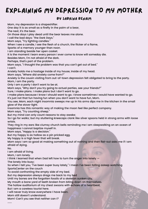 Explaining My Depression to My Mother Poem Worksheet