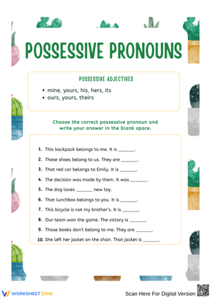 Possessive Pronouns Printable Worksheet | Grade 3 & 4