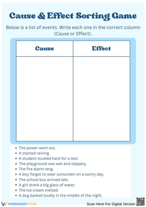 Cause and Effect Sorting Game Worksheet for Kids