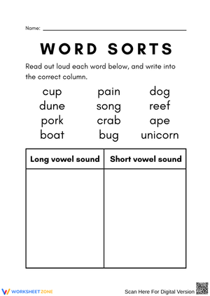 Word Sorts Worksheet for Long and Short Vowels