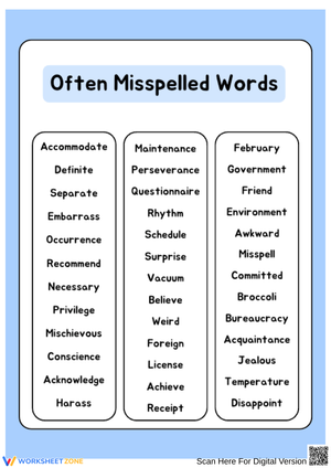 Often Misspelled Words Chart – Printable Word List for Practice