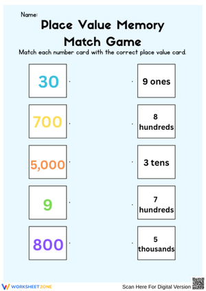 Place Value Memory Match Game for Students