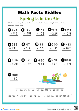 Printable Spring Subtraction Riddles | Grade 3 Math