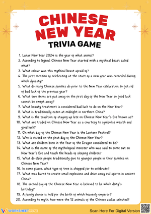 Chinese New Year Trivia Game Printable Worksheet