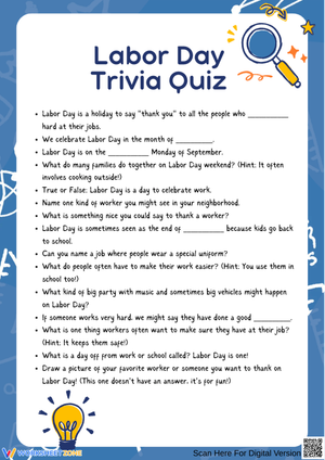 Labor Day Trivia Quiz Worksheet for Kids