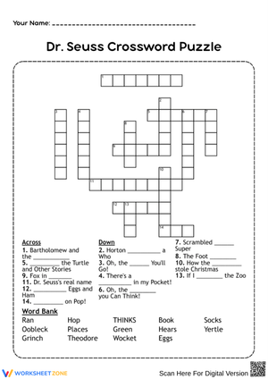 Dr. Seuss Crossword Puzzle Worksheet for Kids