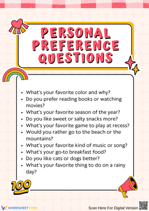 Personal Preference Questions Worksheet for Kids