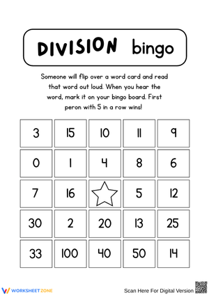 Division Bingo Game Worksheet for Math Practice